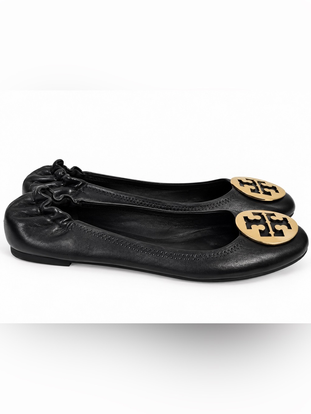 Tory Burch Black Leather Ballet Flats Gold Logo Medallion Almond Toe Size 9 EUC - Picture 3 of 6